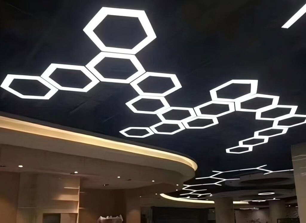 Geometric hexagon LED light design for modern office lighting