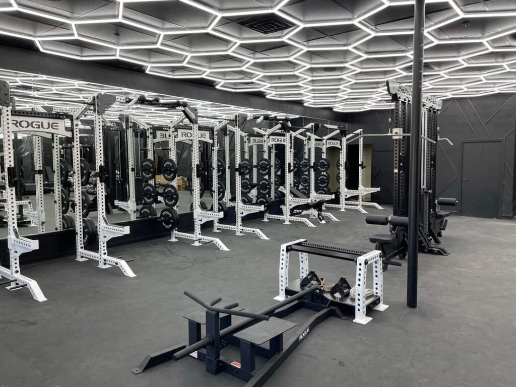 Hexagon light fixture enhancing the ambiance of a fitness center